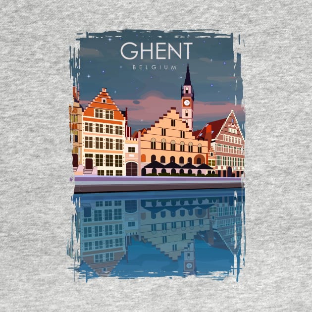 Ghent Blegium Vintage Minimal Retro Travel Poster at Night by jornvanhezik